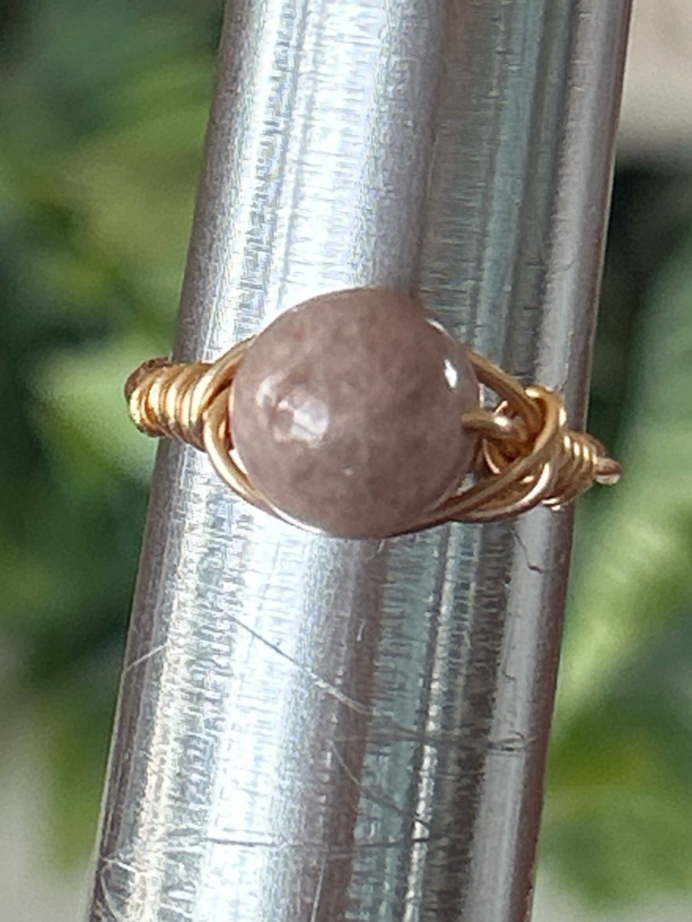 Handmade gold tone gray moonstone wire wrapped crystal ring - size 5